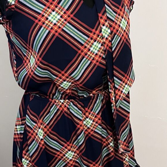 New York & Company Plaid Sleeveless Dress Sz XS Navy Red Green Ruffle Tiered - Picture 4 of 9